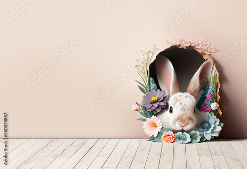 Easter bunny looking out of a wall. Pale pastel pink bone vanilla color background. Wooden floor decorated with flowers.