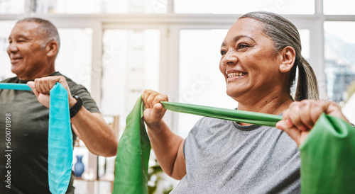 Photography Physiotherapy, stretching band and senior couple with teamwork for muscle wellness, rehabilitation and support together