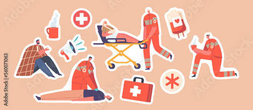 Set of Stickers Rescuers First Aid to Victims during Catastrophe or Accident. Medic Push Injured Person on Medical Bed