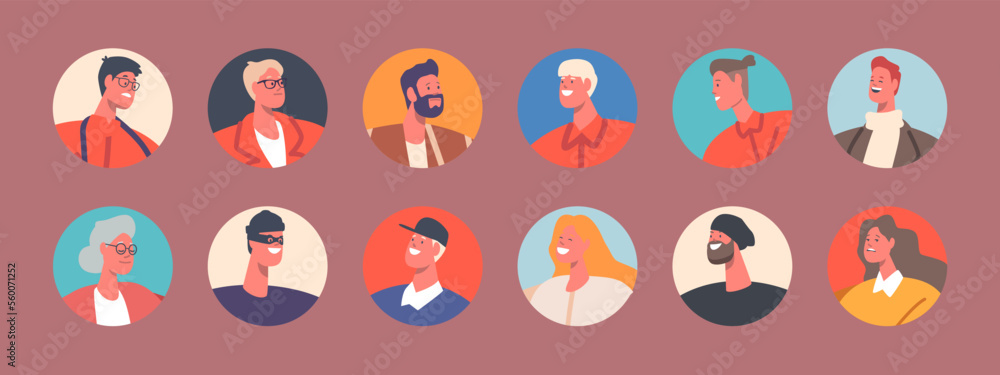 Set of People Avatars, Teens, Senior, Young and Mature Men or Women Portraits, Isolated Male and Female Round Icons Set of People Avatars, Teens, Senior, Young and Mature Men or Women Portraits, Isolated Male and Female Round Icons