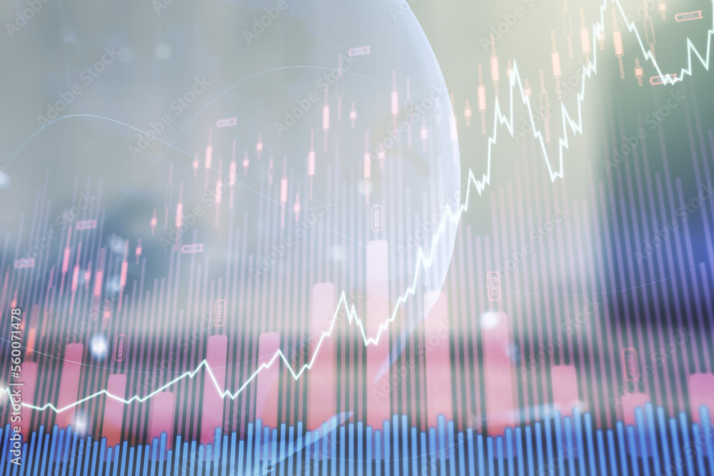 Multi exposure of virtual creative financial graph and world map on blurry modern office building background, forex and investment concept Multi exposure of virtual creative financial graph and world map on blurry modern office building background, forex and investment concept