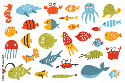 Big set of cartoon sea animals for kids. Stickers, cards, invites and posters. isolated on white background. Inhabitants of the sea world. Cute underwater creatures dolphin, shark, ocean crabs, turtle