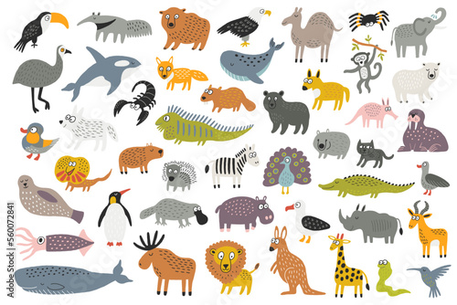 Big bundle of funny wild animals, marine mammals, reptiles, birds and fish. Collection of colorful cute cartoon characters of seven continents. Isolated vector illustration in flat style © Murvin