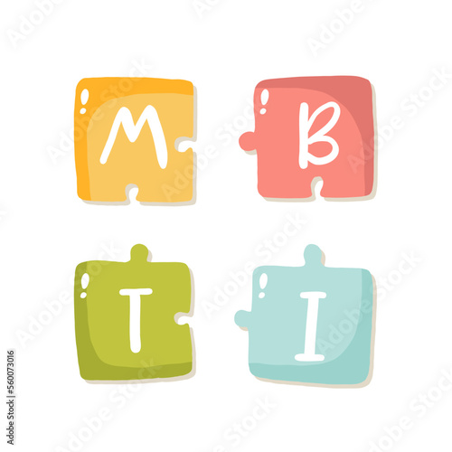 Myers-Briggs type indicator on the pazzle shape. MBTI psychological test and magnifier. Introversion, extraversion, feeling, judging, sensing, intuition, thinking, perceiving. Flat vector illustration