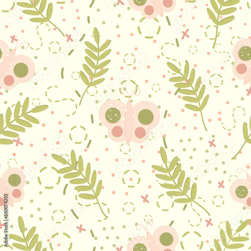 Butterfly and nature seamless pattern with leaf branches and cute texture for baby fabric, wrapping paper or stationery. Doodle style. photo