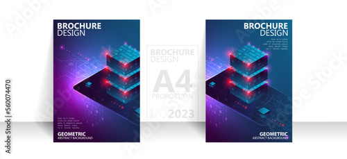Brochure template flyer background for business design in A4 proportion. Isometric big data processing concept, cloud database.