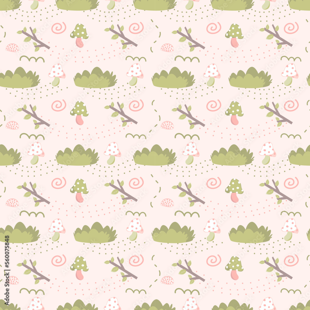 Cartoon nature and mushroom seamless pattern for baby or kids fabric, cute stationery and wallpaper design. Cartoon nature and mushroom seamless pattern for baby or kids fabric, cute stationery and wallpaper design.