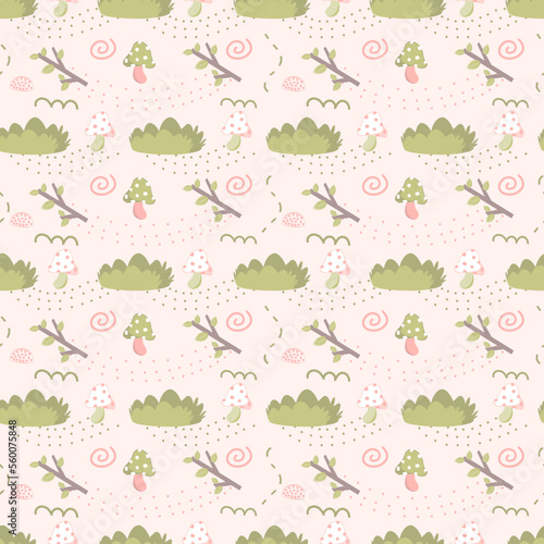 Cartoon nature and mushroom seamless pattern for baby or kids fabric, cute stationery and wallpaper design.