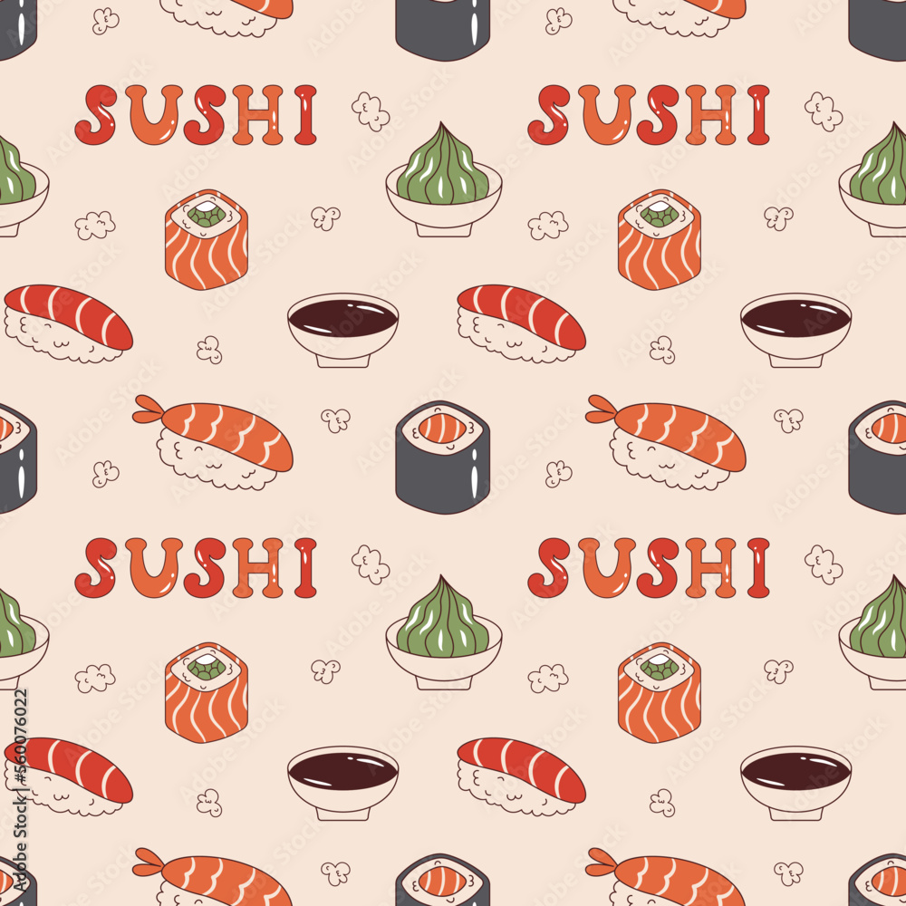 Vector seamless pattern with sushi, soy sauce, wasabi and sushi text in ...
