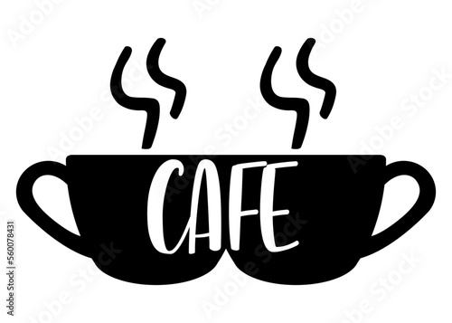 Logo aislado con palabra CAFE en español en texto manuscrito en silueta de dos tazas de café humeantes