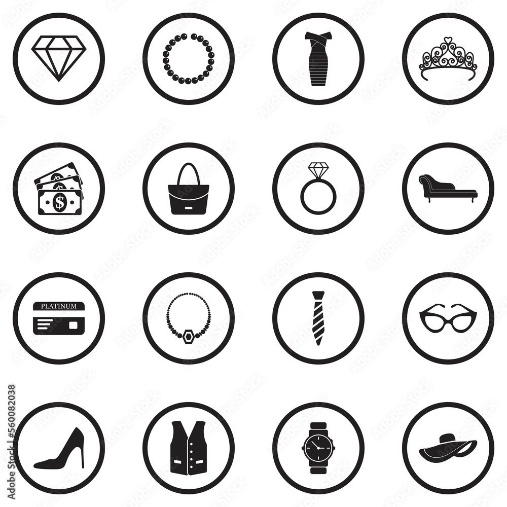 Luxury Shop Icons. Black Flat Design In Circle. Vector Illustration.