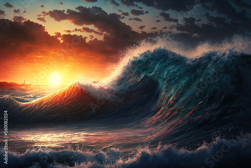 seascape  waves  ocean  sun  dawn  sunset  landscape  art illustration