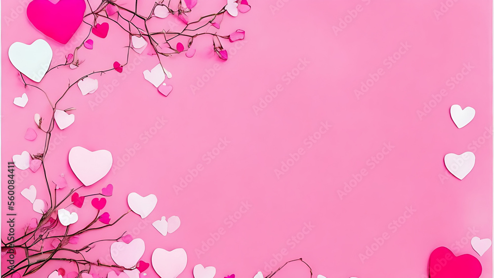 pink roses and hearts on pink background,Valentine's day banner, Happy Valentine's day minimal concept. Generative AI