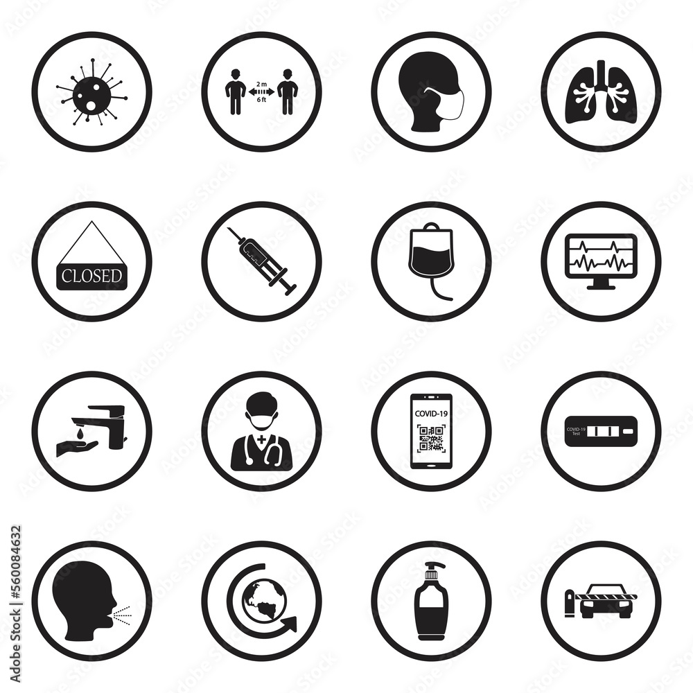 Pandemic Icons. Black Flat Design In Circle. Vector Illustration. Pandemic Icons. Black Flat Design In Circle. Vector Illustration.