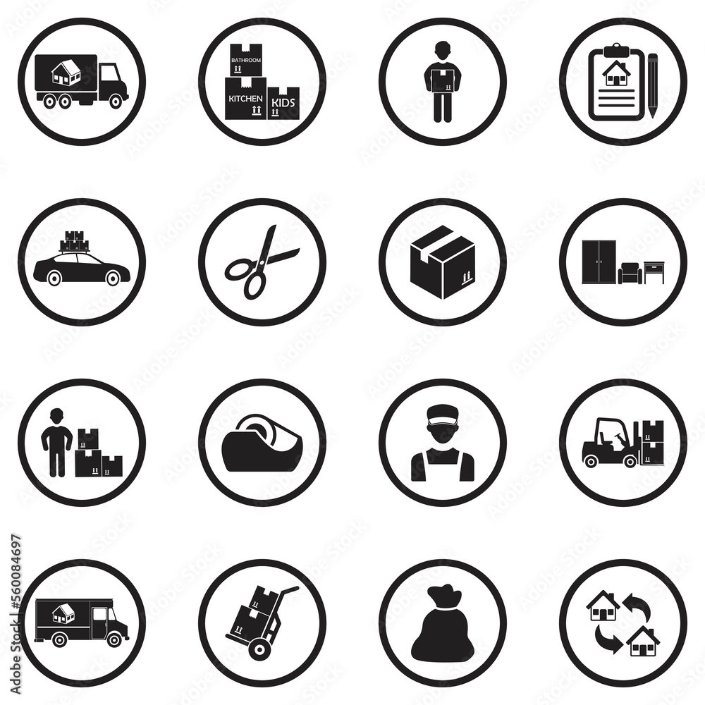 Moving Icons. Black Flat Design In Circle. Vector Illustration.