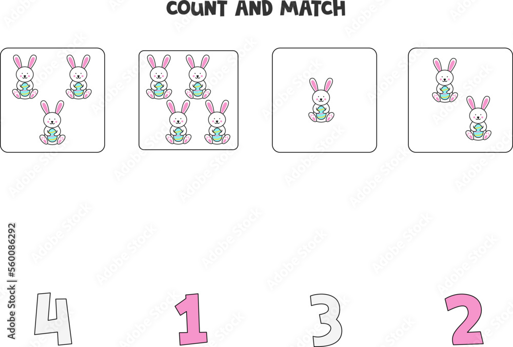 Counting game for kids. Count all Easter rabbits and match with numbers. Worksheet for children. Counting game for kids. Count all Easter rabbits and match with numbers. Worksheet for children.