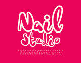 Vector playful sign Nail Studio with bright handwritten Font. Funny Alphabet Letters, Numbers and Symbols set