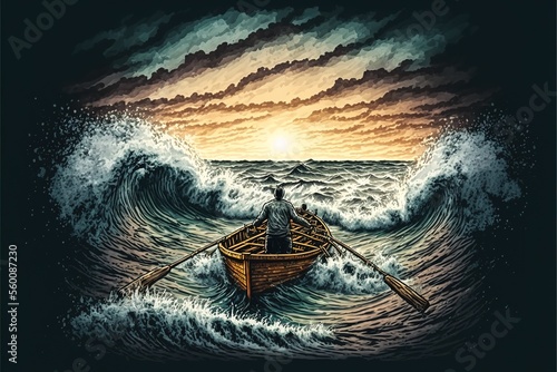 A man rowing a boat in a storm