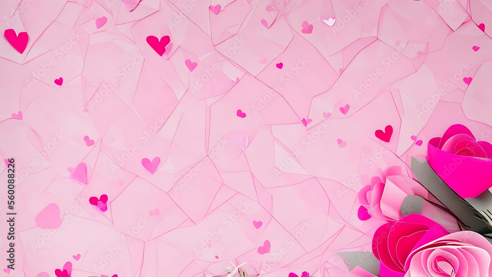 pink background with rose and hearts, Happy Valentine's card or banner, Generative AI