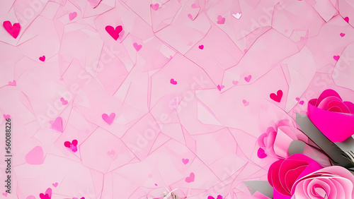 Obraz na płótnie pink background with rose and hearts, Happy Valentine's card or banner, Generative AI w salonie