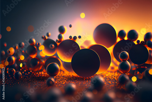 illuminated red and yellow balls in suspension in the air with lights reflexion and beautiful bokeh, generative ai