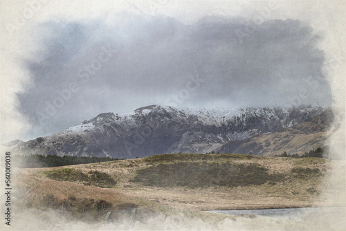 Llyn y Dywarchen, and Snowdon digital watercolor