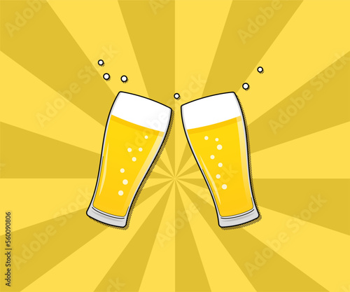 グラスビールで乾杯をする手描き風のベクターイラスト