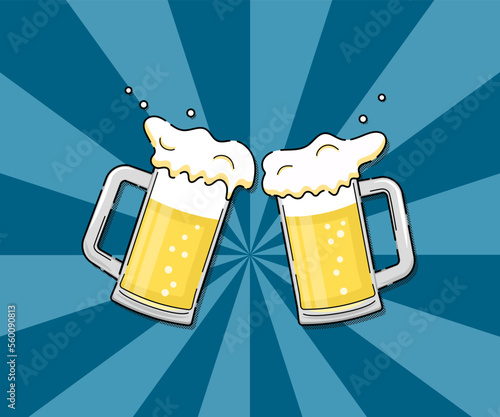 ビールジョッキで乾杯をする手描き風のベクターイラスト