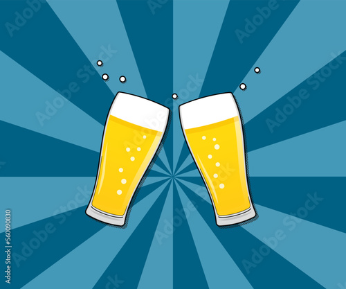 グラスビールで乾杯をする手描き風のベクターイラスト