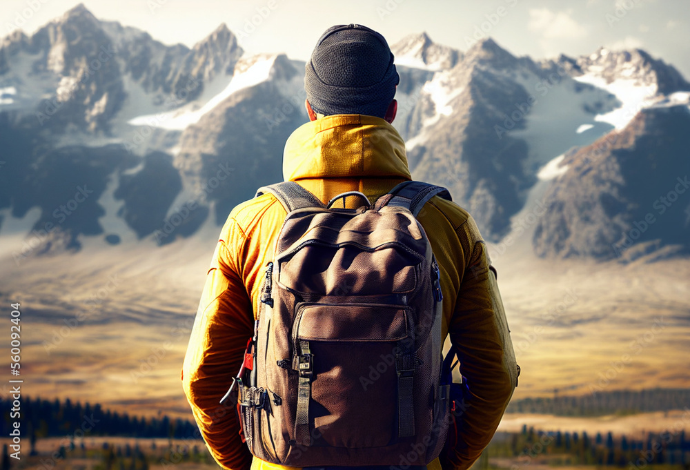 Man with backpack stands and looks at a magnificent landscape with high mountains. Hiking. Human's back. Travel backpack. Generative AI Art.