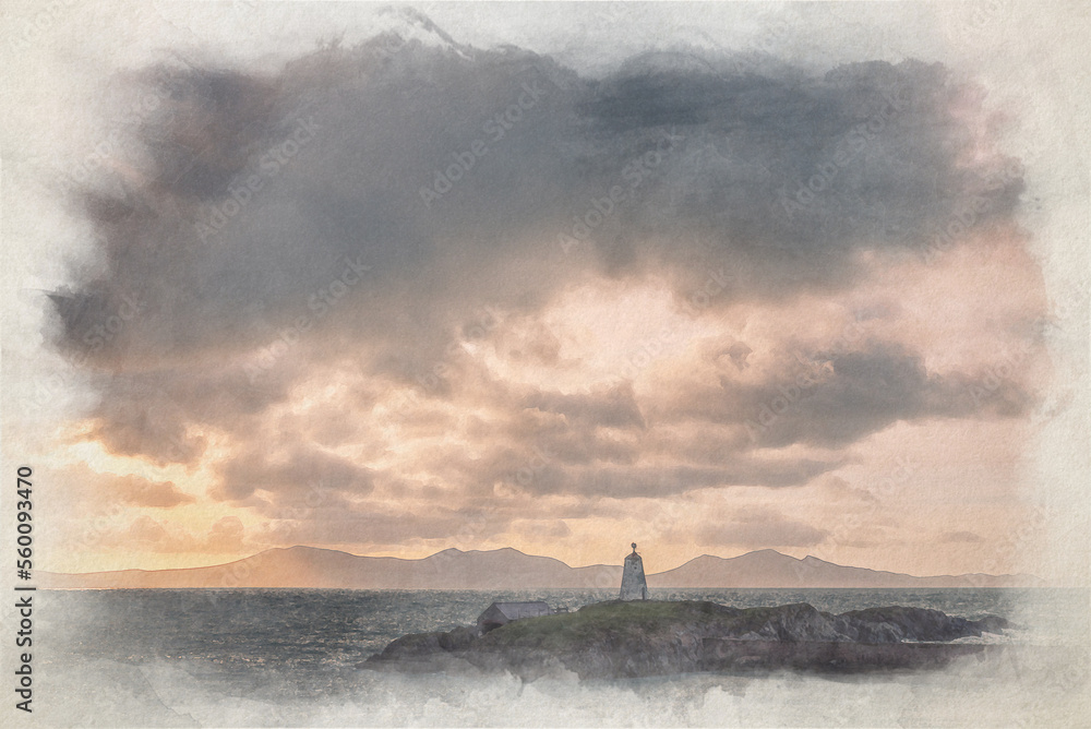 Digital watercolor painting of Llanddwyn island lighthouse, Twr Bach at Ynys Llanddwyn.