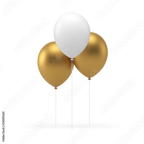 Holiday party 3d air balloon golden white rubber inflatable decor element on string realistic vector