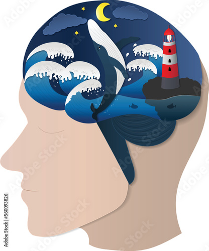 Human brain concept illustration, whale and lighthouse on a stormy night. 