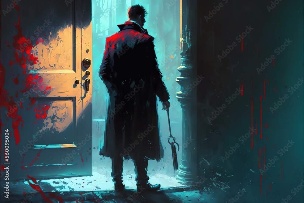 A man stands in front of a creepy door, crepe horror illustration
