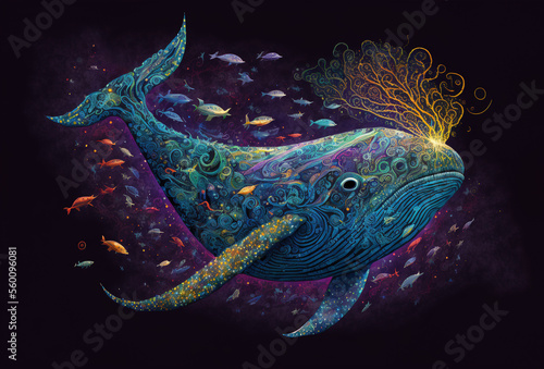 Cosmic whale swimming through the universe. Fantasy illustration of a cetacean travelling in space. Illustration, generative art © Caphira Lescante