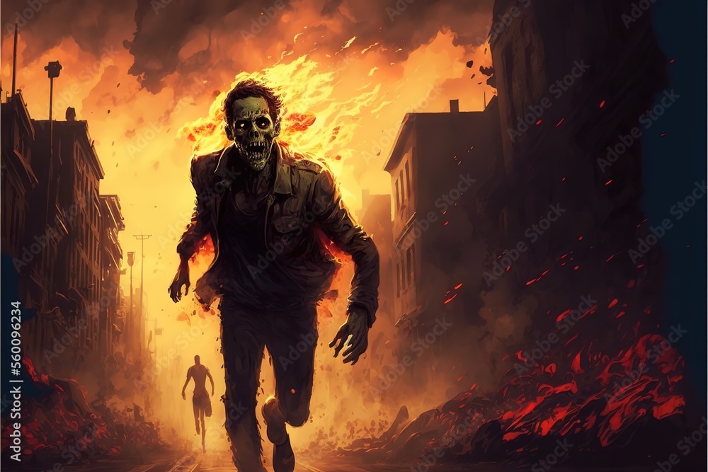 Zombies are running in a blazing city