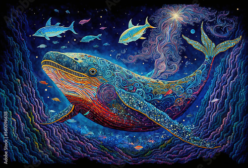 Cosmic whale swimming through the universe. Fantasy illustration of a cetacean travelling in space. Illustration  generative art