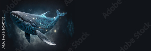 Cosmic whale swimming through the universe. Copy space, space for your text. Fantasy illustration of a cetacean travelling in space. Illustration, generative AI