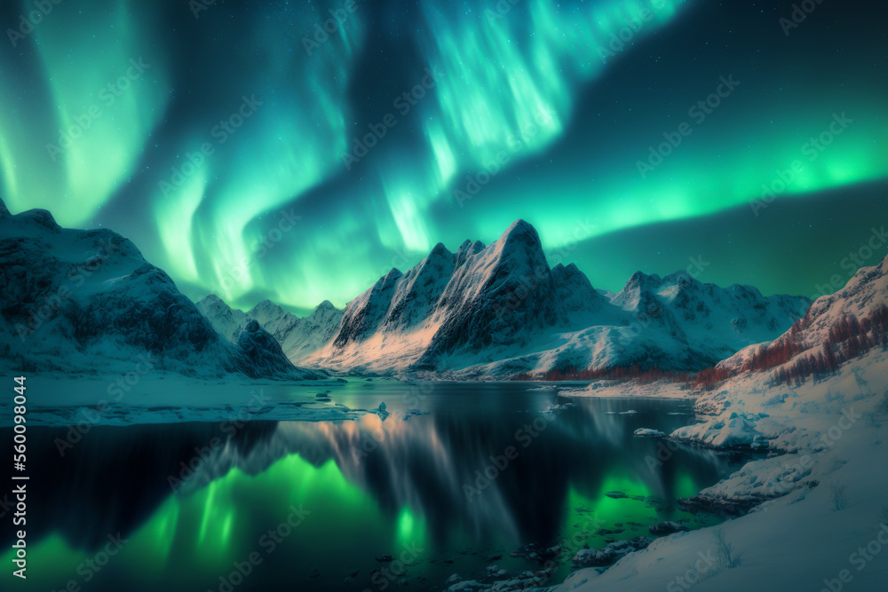 Northern lights over the snowy mountains, sea coast, reflection in water at night. Generative AI. Aurora borealis and snow covered rocks. Winter landscape with polar lights and fjord. Starry sky