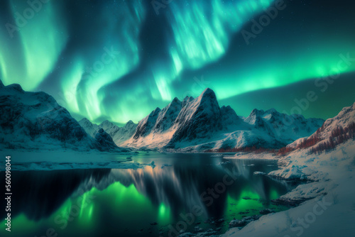 Northern lights over the snowy mountains, sea coast, reflection in water at night. Generative AI. Aurora borealis and snow covered rocks. Winter landscape with polar lights and fjord. Starry sky