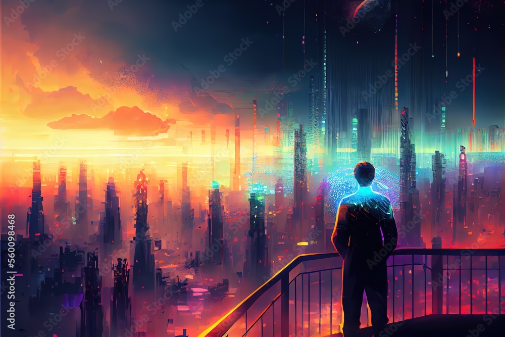 A man looks at a bright colorful city from a balcony, sci-fi digita art