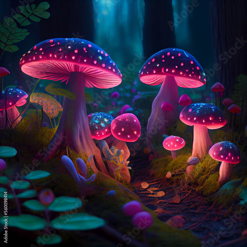 Mystical forest with pink mushrooms in fog in summer. Generative AI. Dark wood with glowing mushrooms. Colorful landscape with enchanted trees. Scenery with dreamy foggy forest. Nature background