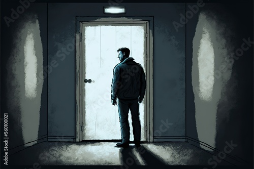 A man stands in front of a creepy door, crepe horror illustration