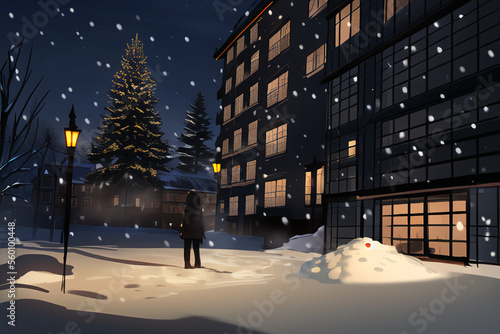 Drawing of a night city in winter. Horror. Scary atmosphere.