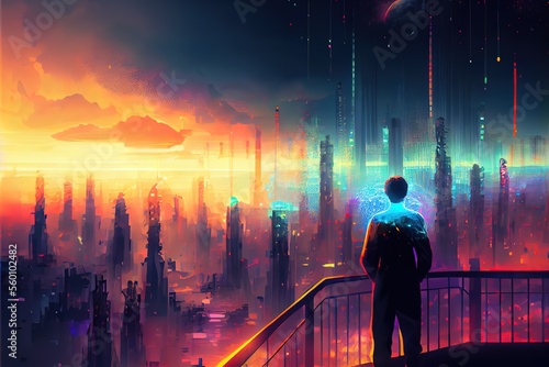 A man looks at a bright colorful city from a balcony  sci-fi digita art