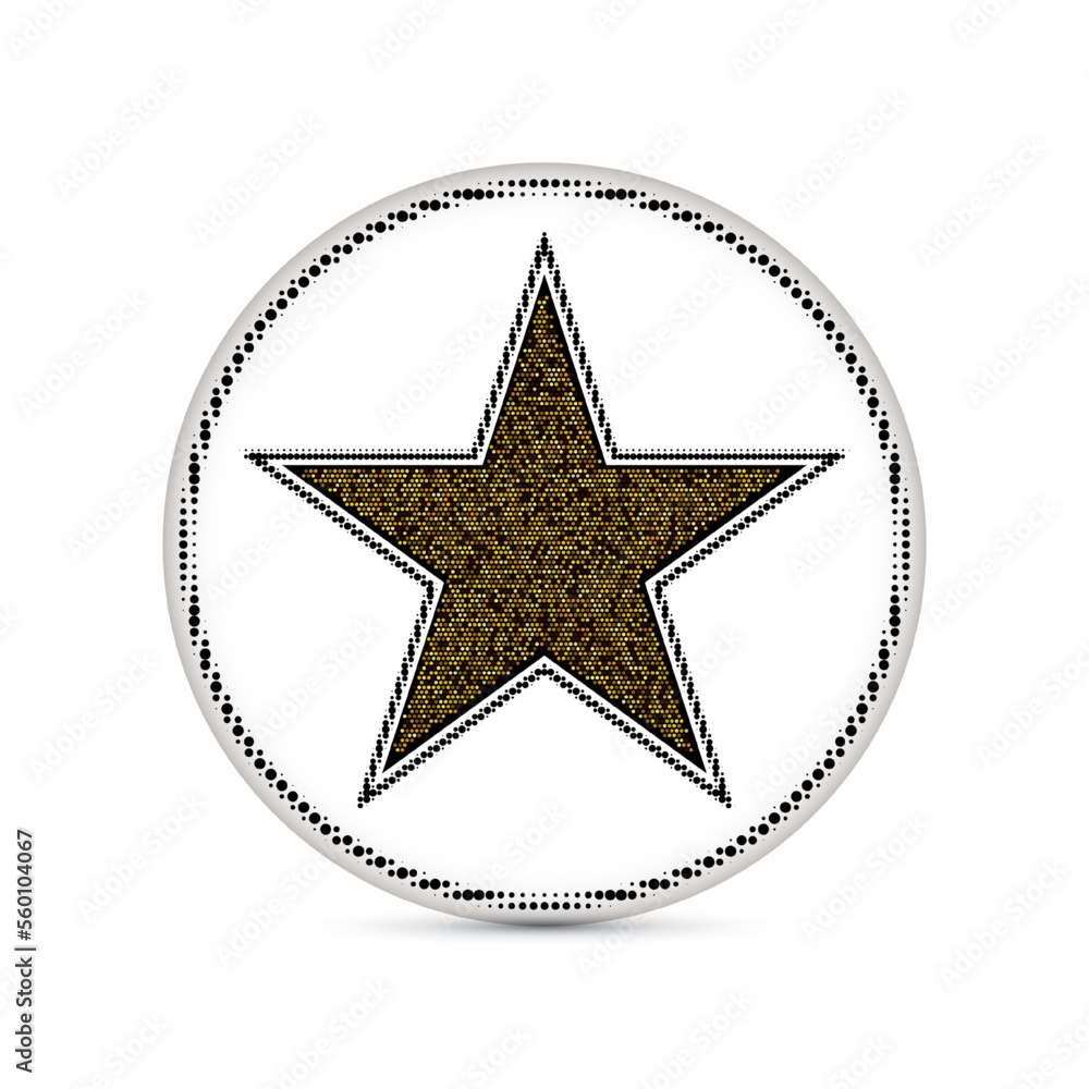 Star with golden halftone small dots on a gray circle on a white background, design element Star with golden halftone small dots on a gray circle on a white background, design element