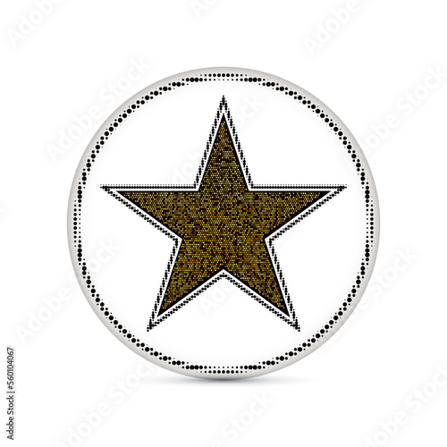 Star with golden halftone small dots on a gray circle on a white background, design element