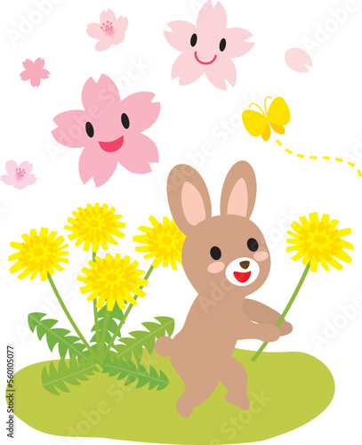 タンポポと桜とかわいいウサギ