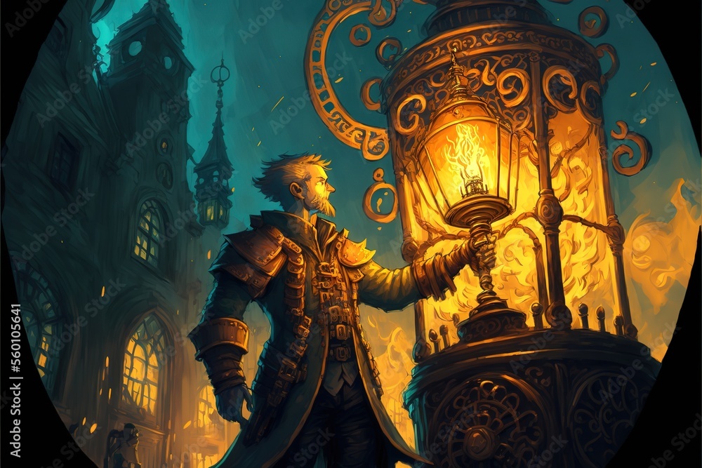 A man of the industrial era stands near the golden lantern