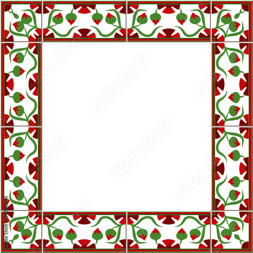 Antique square tile frame botanic garden vintage pattern red flower